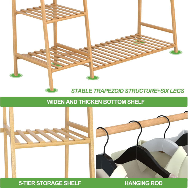 Bamboo Clothing Garment Rack, Free Standing Clothes Coat Hanger, Closet Organizer with Shoe Rack