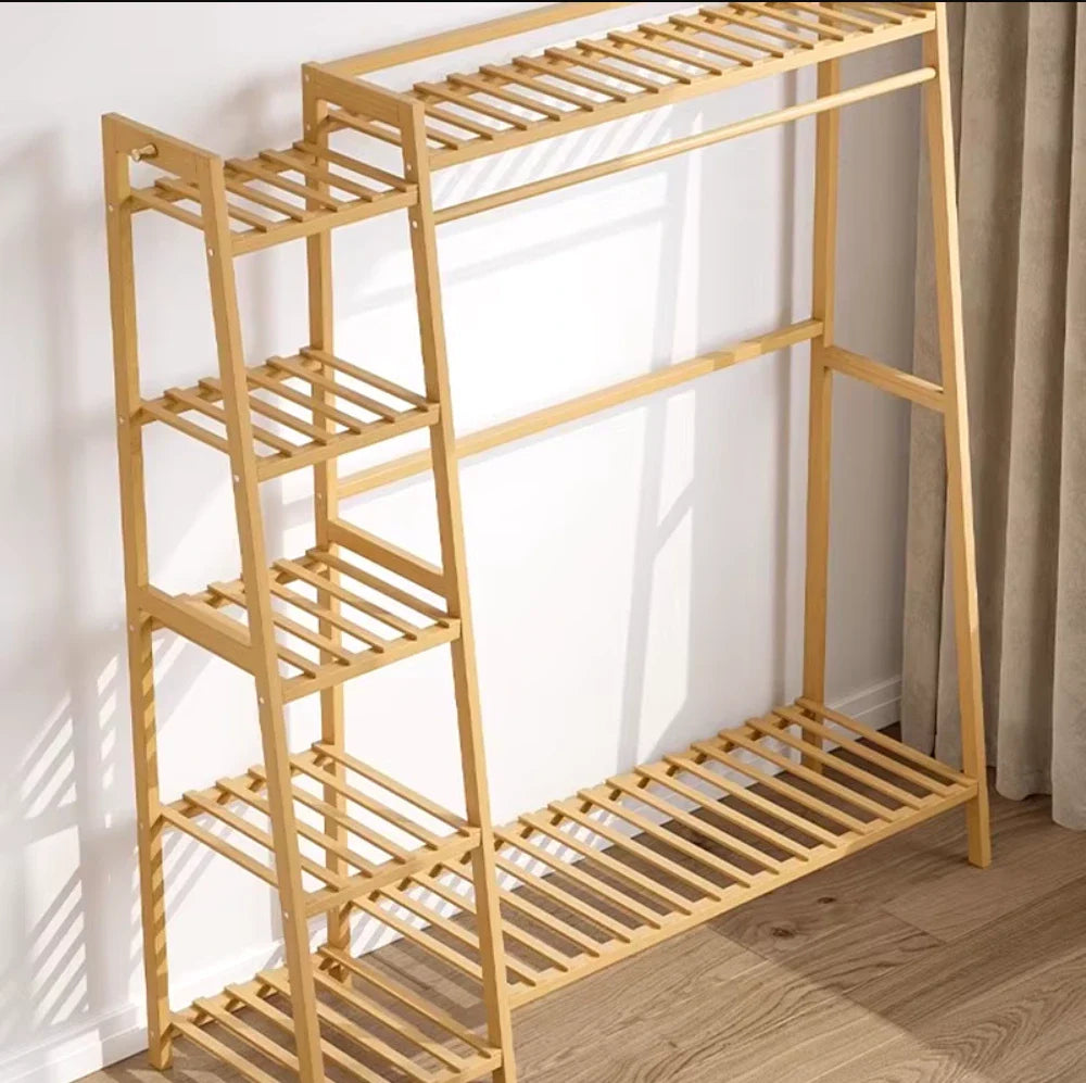 Bamboo Clothing Garment Rack, Free Standing Clothes Coat Hanger, Closet Organizer with Shoe Rack