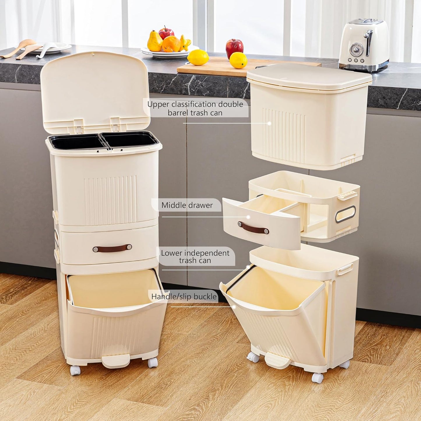 Double-Layer Vertical Trash Bin with Removable Inner Bucket Drawer & Tissue Holder
