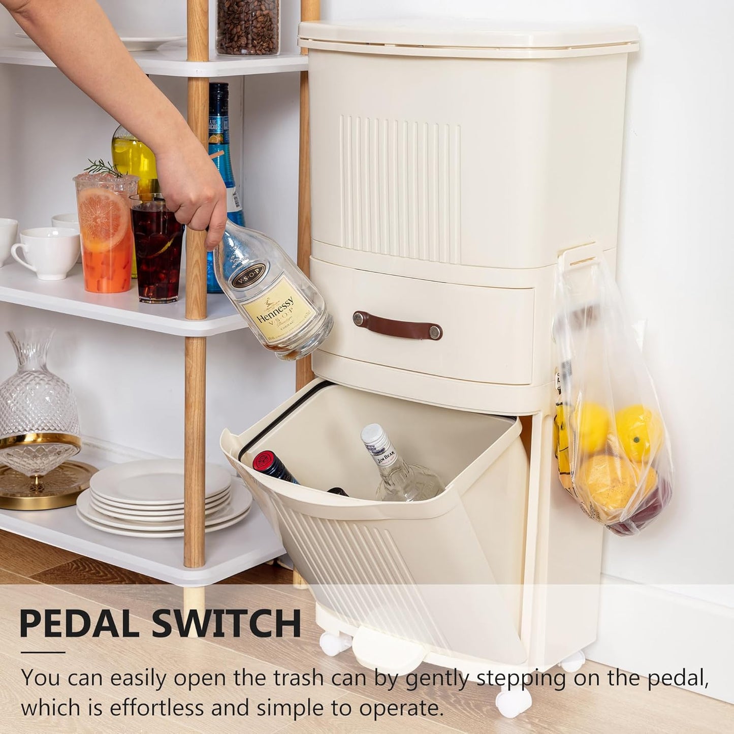 Double-Layer Vertical Trash Bin with Removable Inner Bucket Drawer & Tissue Holder