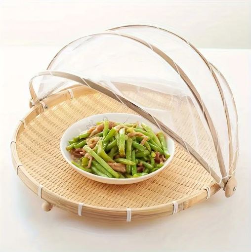 Handcrafted Bamboo Food Basket With Cover - Foldable, Fly & Mosquito Proof Mesh Cover Basket, Perfect for Fruits, Vegetables, Bread Storage