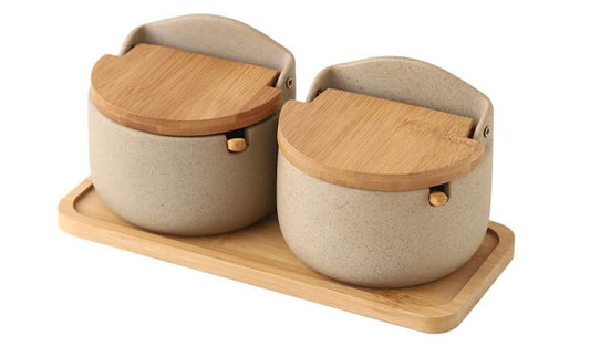 Japanese Style Ceramic Spice Jars, Seasoning Jar Combination Set With 2 Wooden Spoons, Lid & Tray