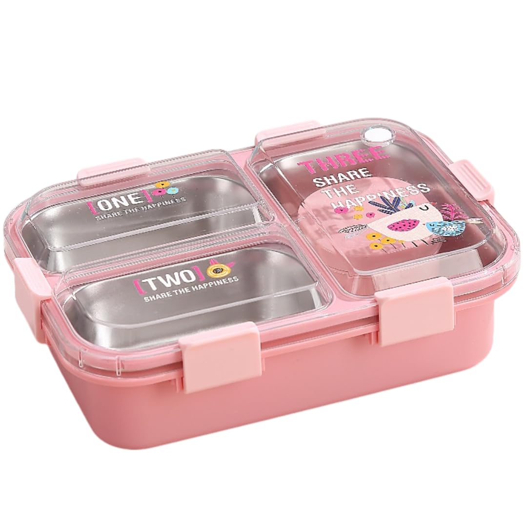 Kids Lunch Box with 3 Compartment Inner Steel, 1 Small Container, Spoon & Chopstick Air-Tight Leakproof Heat Water Insulation Design