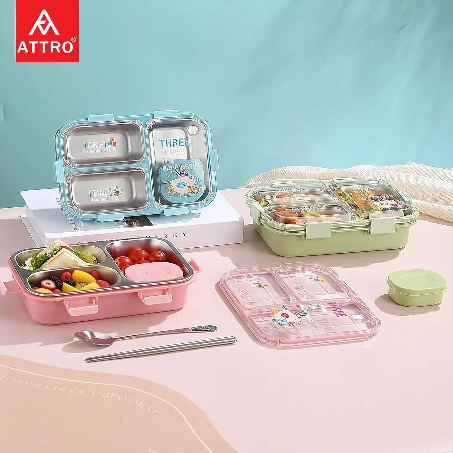 Kids Lunch Box with 3 Compartment Inner Steel, 1 Small Container, Spoon & Chopstick Air-Tight Leakproof Heat Water Insulation Design