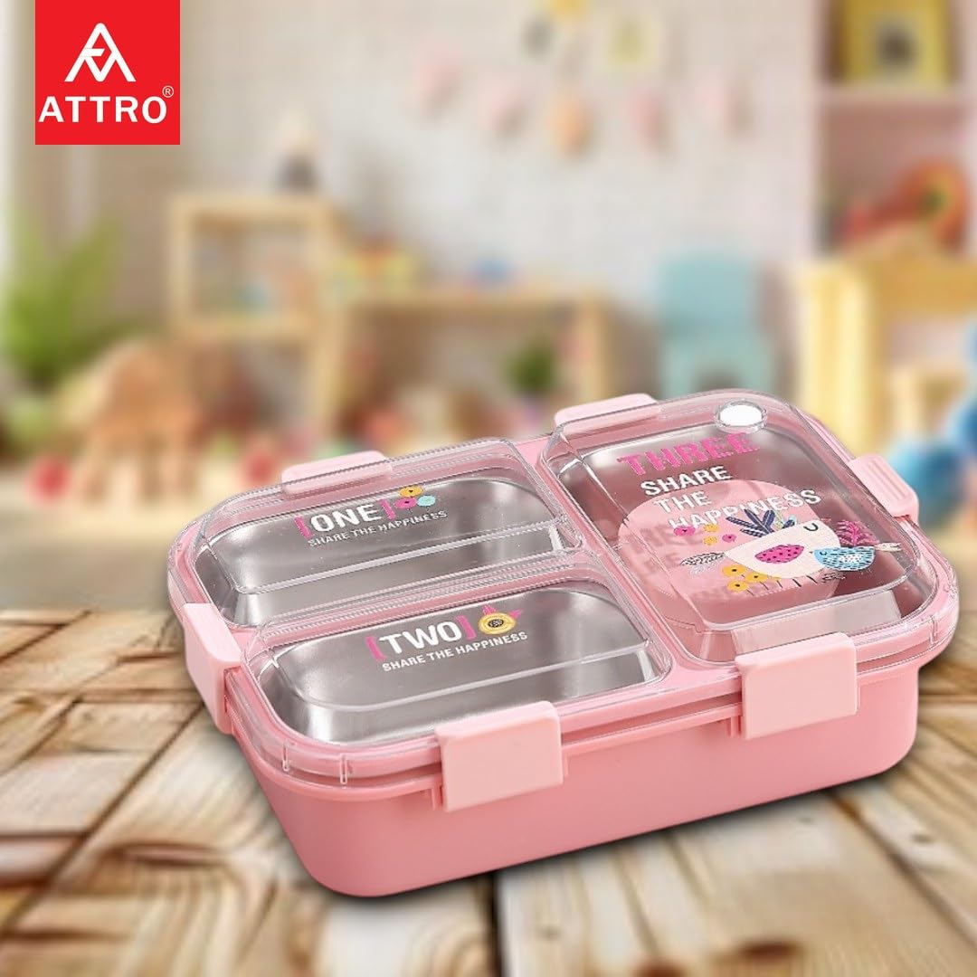 Kids Lunch Box with 3 Compartment Inner Steel, 1 Small Container, Spoon & Chopstick Air-Tight Leakproof Heat Water Insulation Design