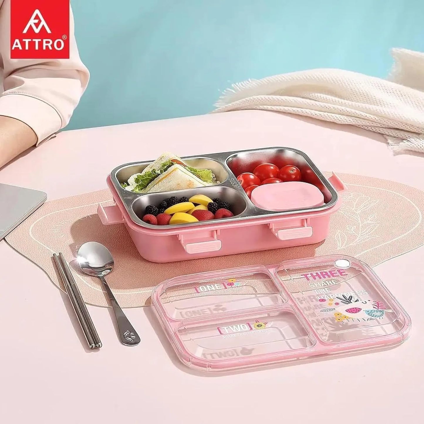 Kids Lunch Box with 3 Compartment Inner Steel, 1 Small Container, Spoon & Chopstick Air-Tight Leakproof Heat Water Insulation Design