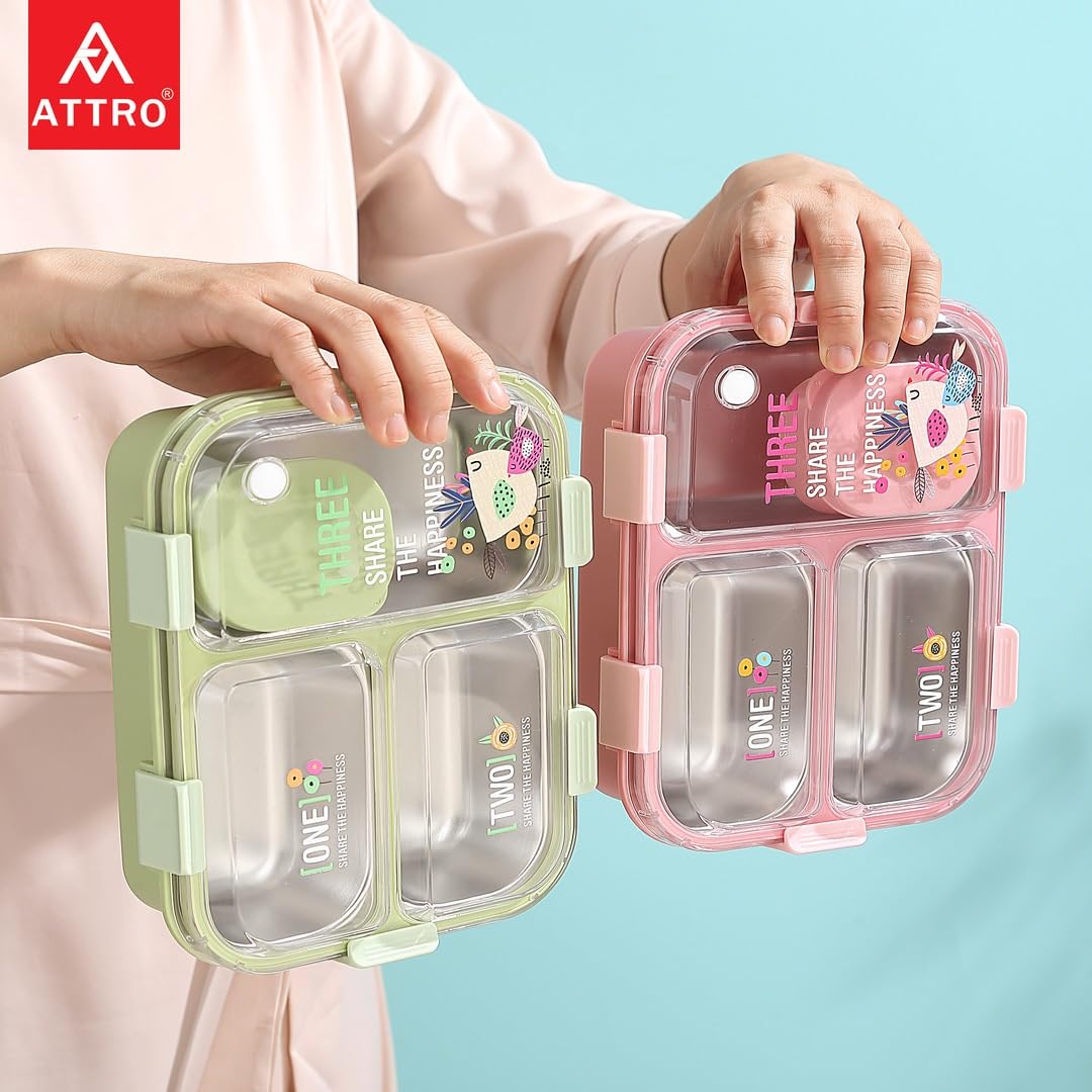 Kids Lunch Box with 3 Compartment Inner Steel, 1 Small Container, Spoon & Chopstick Air-Tight Leakproof Heat Water Insulation Design