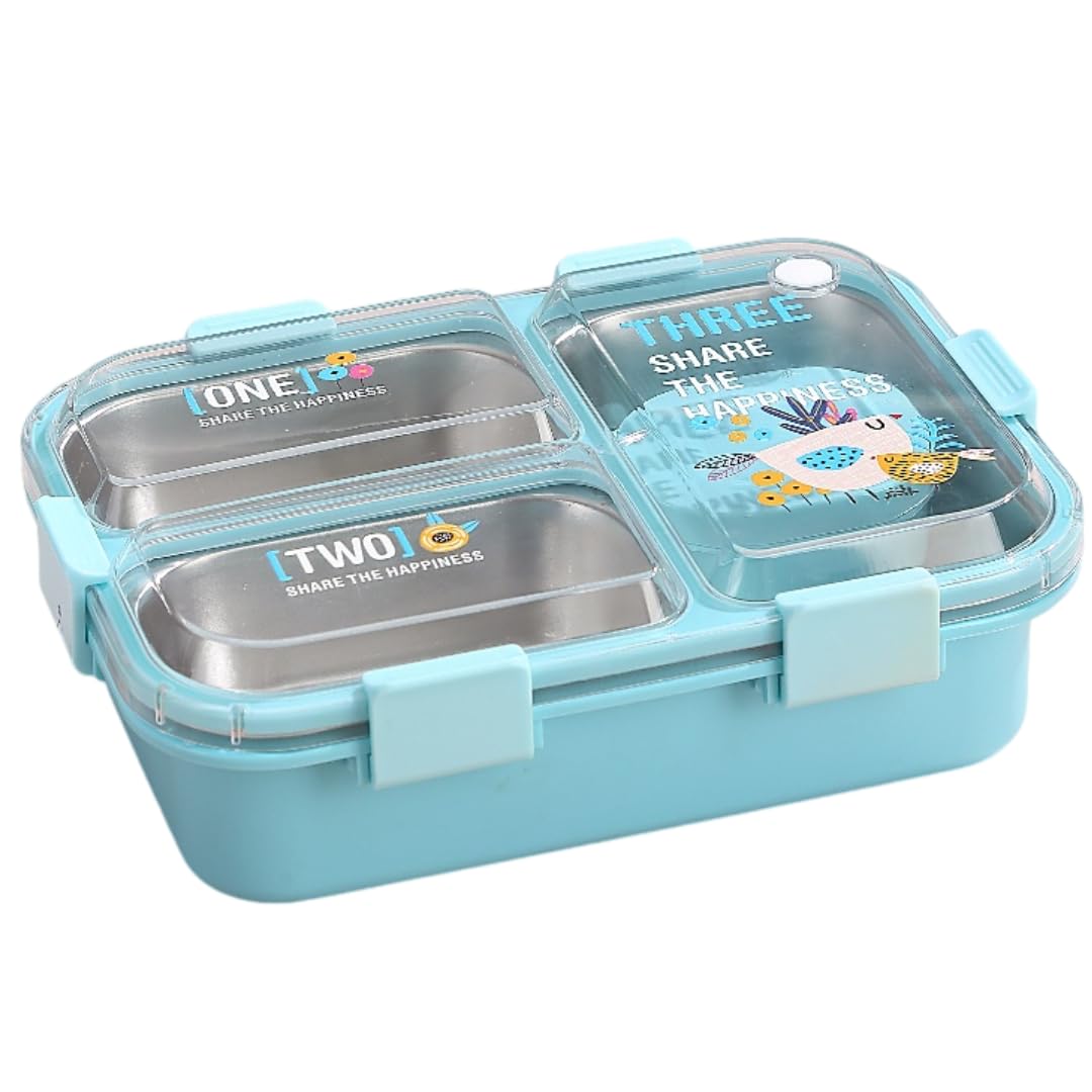 Kids Lunch Box with 3 Compartment Inner Steel, 1 Small Container, Spoon & Chopstick Air-Tight Leakproof Heat Water Insulation Design