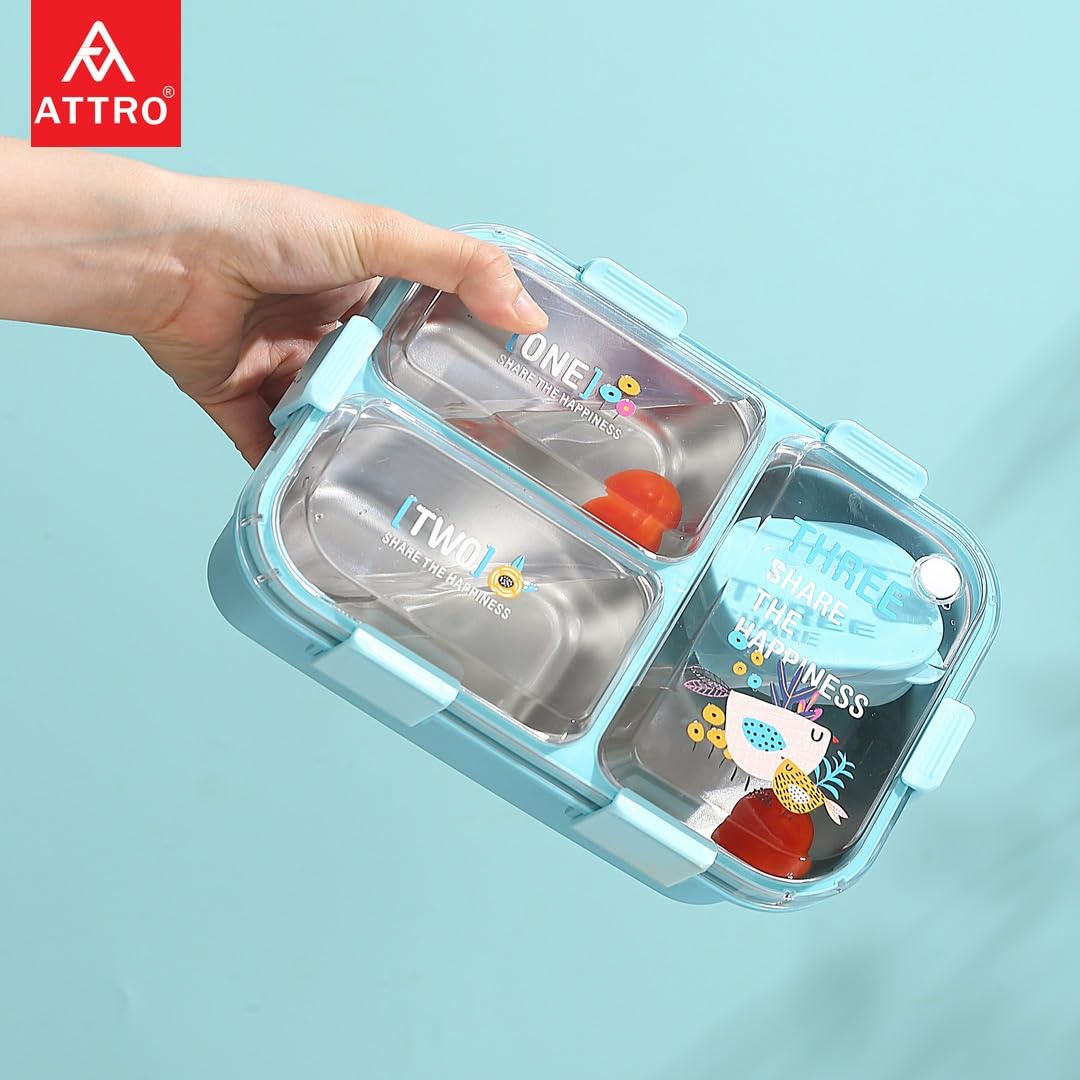 Kids Lunch Box with 3 Compartment Inner Steel, 1 Small Container, Spoon & Chopstick Air-Tight Leakproof Heat Water Insulation Design