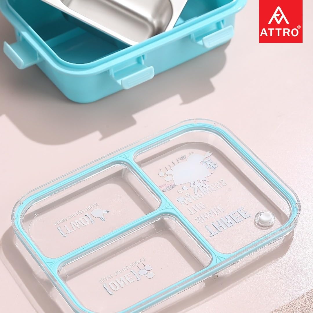 Kids Lunch Box with 3 Compartment Inner Steel, 1 Small Container, Spoon & Chopstick Air-Tight Leakproof Heat Water Insulation Design