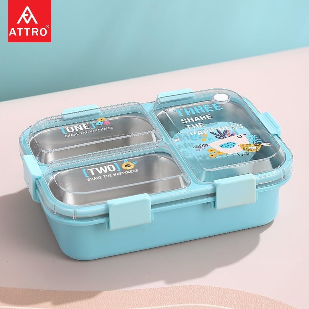 Kids Lunch Box with 3 Compartment Inner Steel, 1 Small Container, Spoon & Chopstick Air-Tight Leakproof Heat Water Insulation Design
