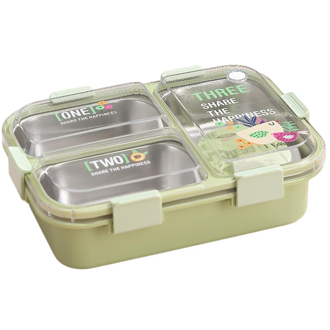 Kids Lunch Box with 3 Compartment Inner Steel, 1 Small Container, Spoon & Chopstick Air-Tight Leakproof Heat Water Insulation Design