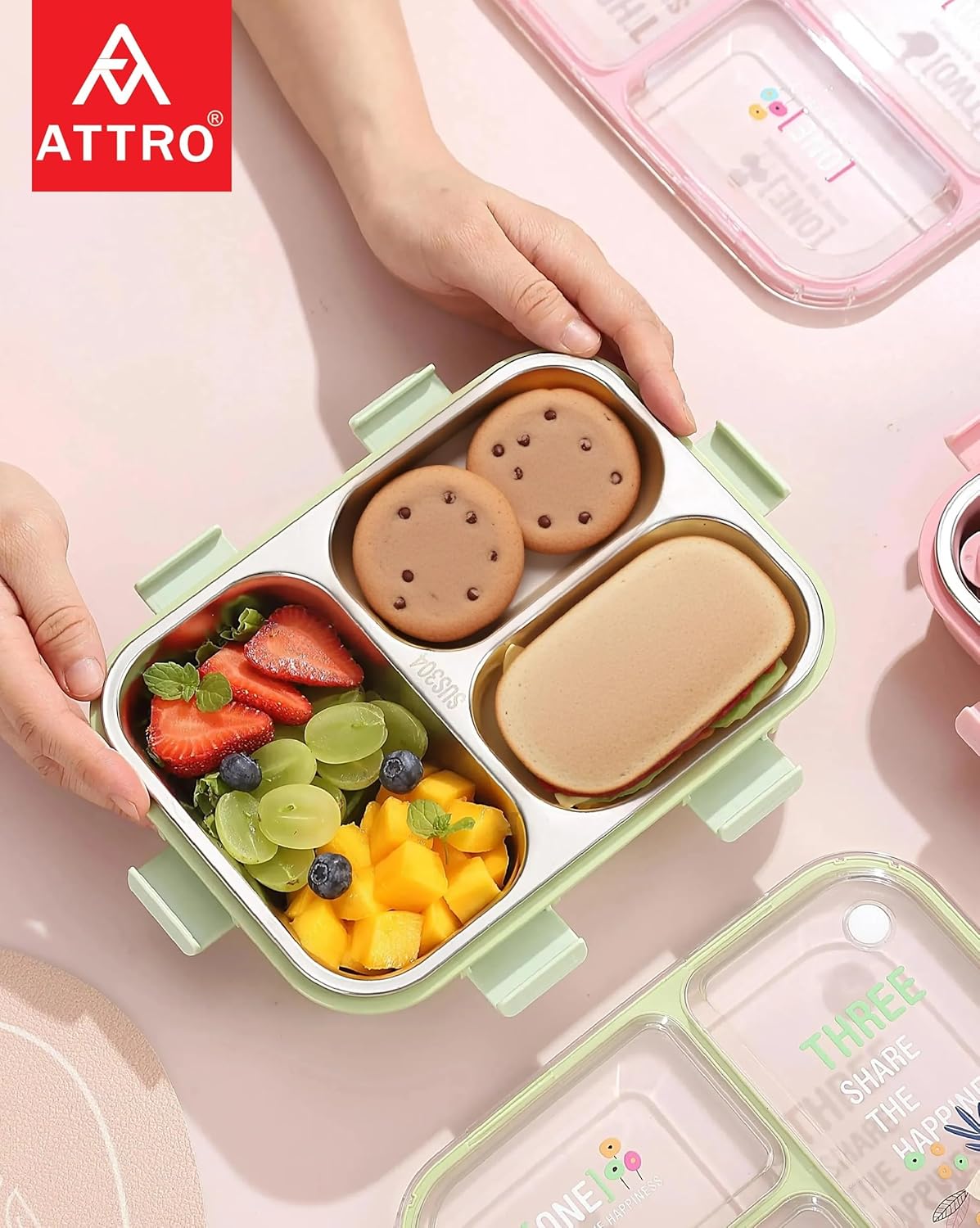 Kids Lunch Box with 3 Compartment Inner Steel, 1 Small Container, Spoon & Chopstick Air-Tight Leakproof Heat Water Insulation Design