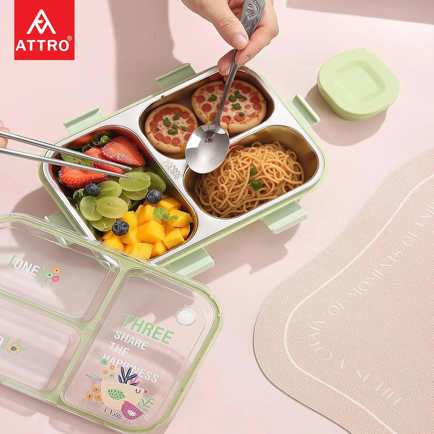 Kids Lunch Box with 3 Compartment Inner Steel, 1 Small Container, Spoon & Chopstick Air-Tight Leakproof Heat Water Insulation Design
