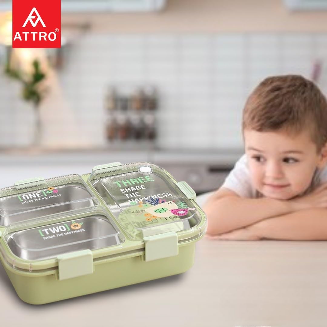 Kids Lunch Box with 3 Compartment Inner Steel, 1 Small Container, Spoon & Chopstick Air-Tight Leakproof Heat Water Insulation Design