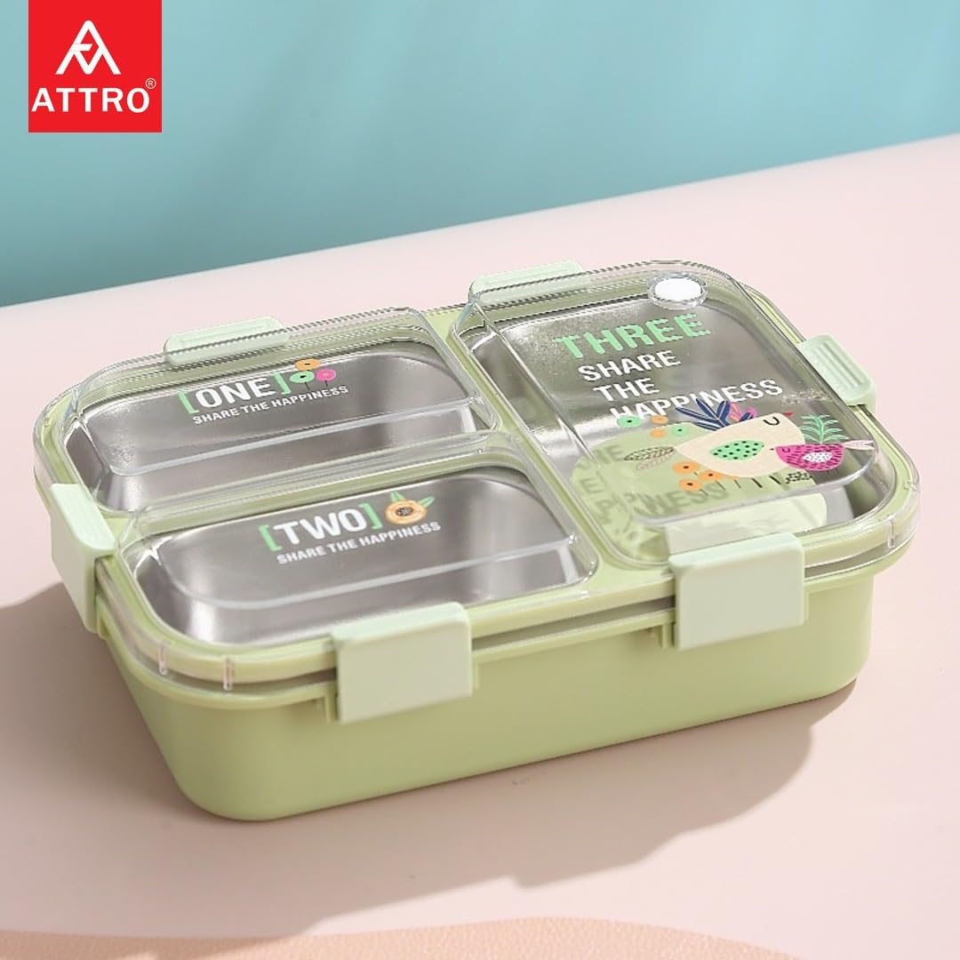 Kids Lunch Box with 3 Compartment Inner Steel, 1 Small Container, Spoon & Chopstick Air-Tight Leakproof Heat Water Insulation Design