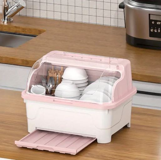 Multi-functional Plastic Kitchen Dish Storage Box with Lid, Dustproof Large Capacity Kitchen Rack