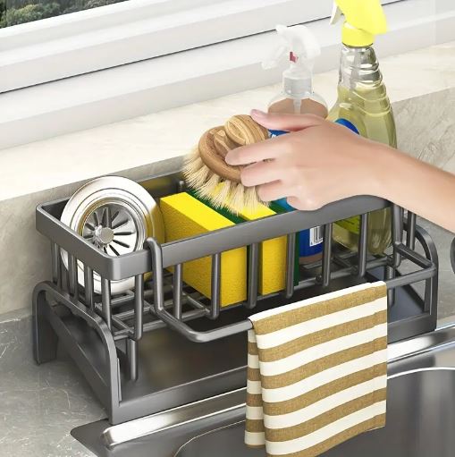 1pc Elegant No-Drill Kitchen Sink Caddy, Durable Plastic Multi-Purpose Storage Organizer for Sponges, Brushes, Towels, and Accessories