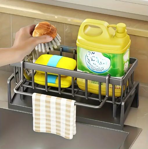 1pc Elegant No-Drill Kitchen Sink Caddy, Durable Plastic Multi-Purpose Storage Organizer for Sponges, Brushes, Towels, and Accessories