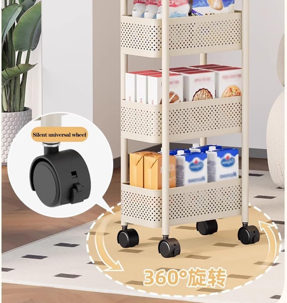 Kitchen Storage Cart with Wheels, 4-Tier Metal Utility Rolling Cart, Fruit Vegetable Storage Basket Pantry Rack with Handle
