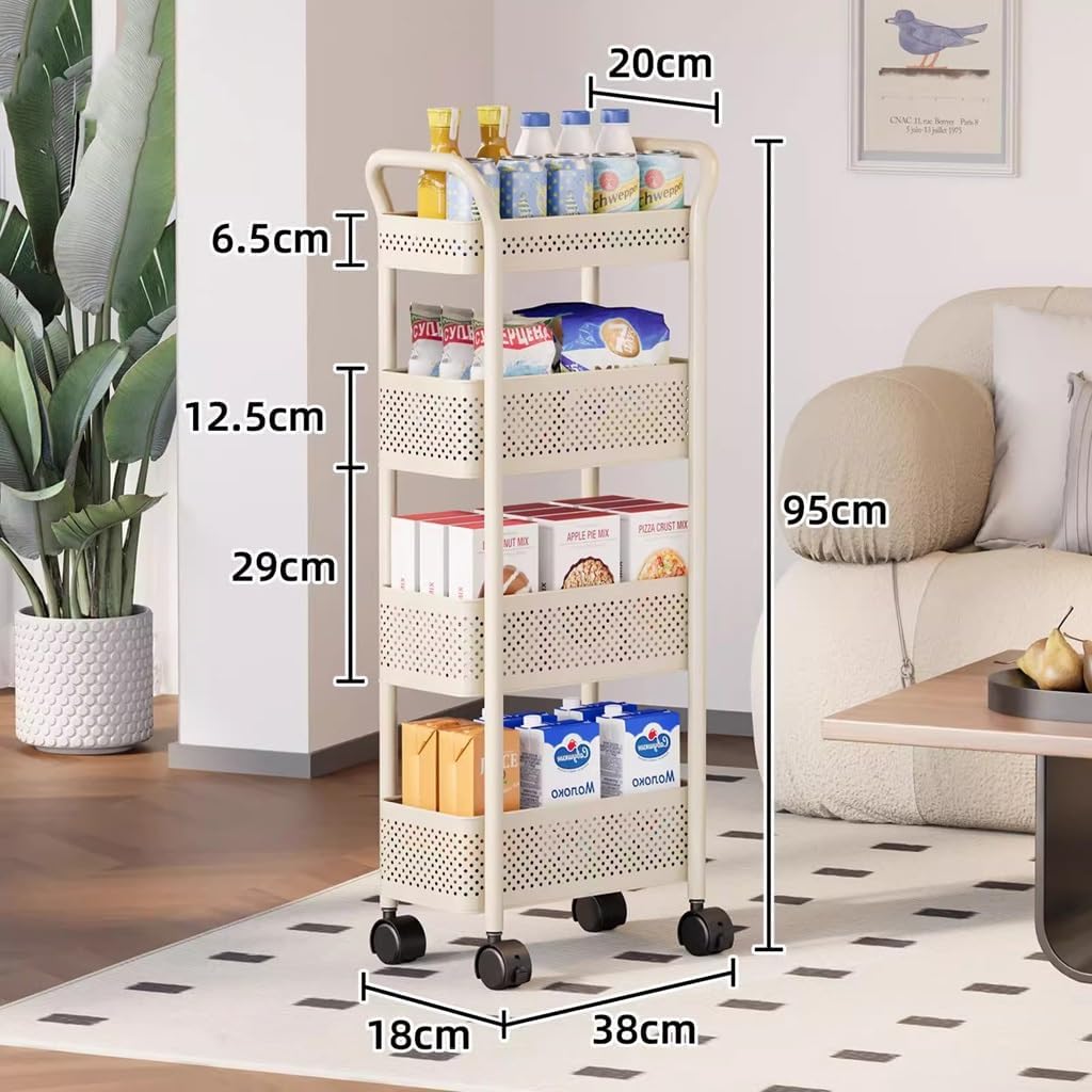 Kitchen Storage Cart with Wheels, 4-Tier Metal Utility Rolling Cart, Fruit Vegetable Storage Basket Pantry Rack with Handle