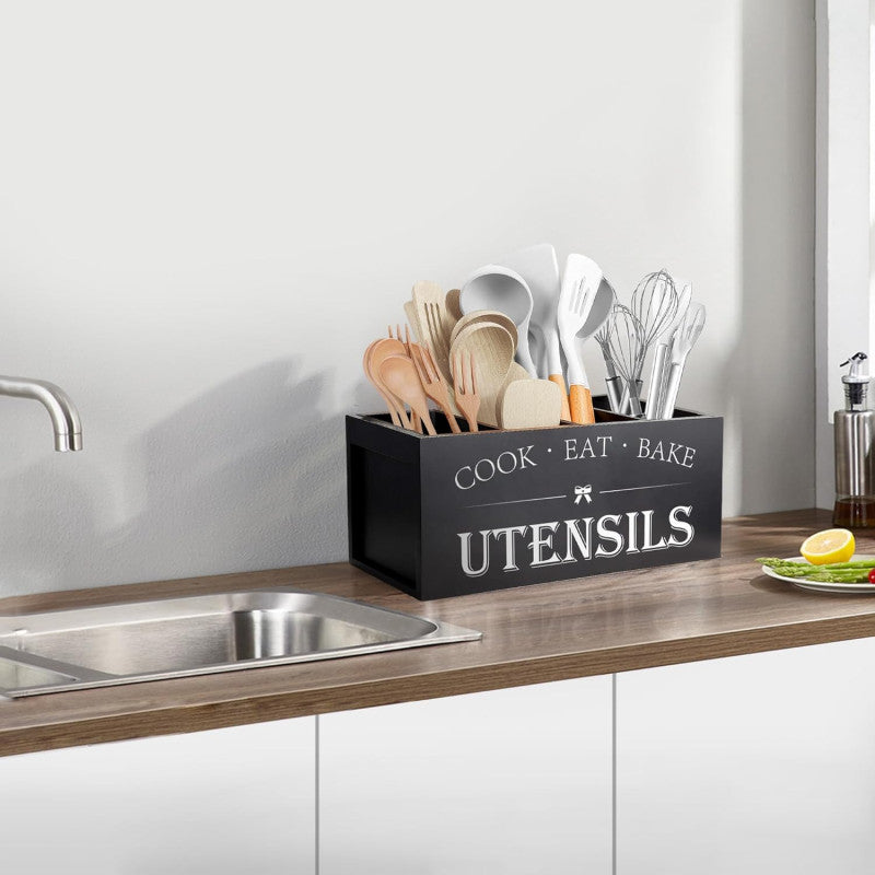 Kitchen Utensils Holder with 4 Compartments, Wooden Utensil Organizer for Kitchen Countertop
