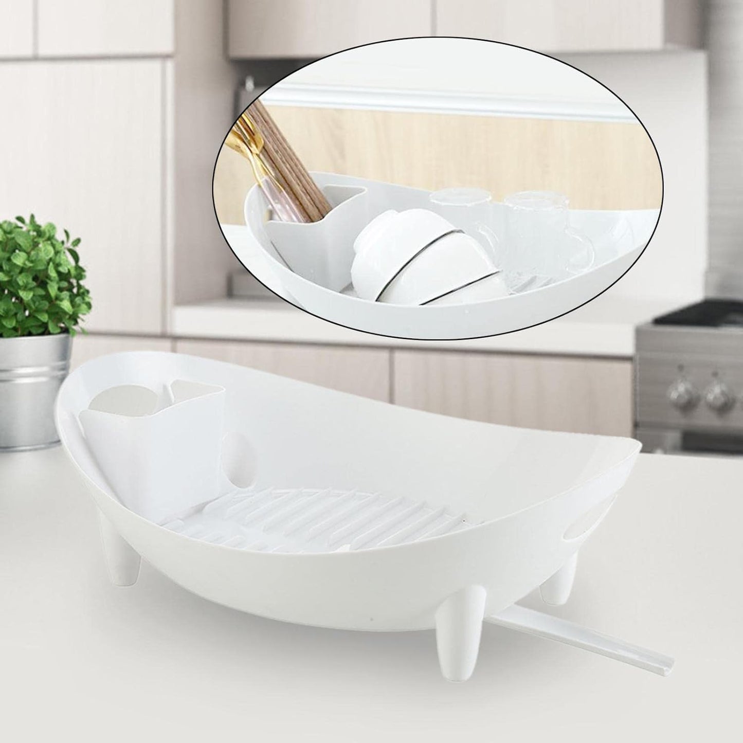 1pc Plastic Kitchen Dish Drying Rack – Multifunctional Countertop Organizer for Dishes, Bowls, and Utensils with Drain Feature (White)