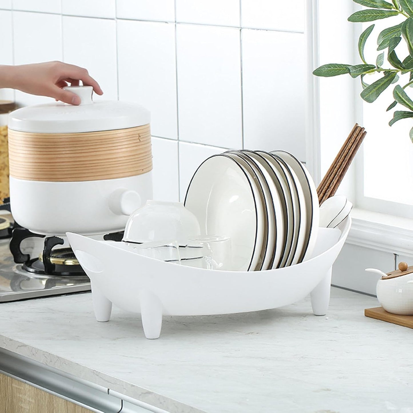 1pc Plastic Kitchen Dish Drying Rack – Multifunctional Countertop Organizer for Dishes, Bowls, and Utensils with Drain Feature (White)