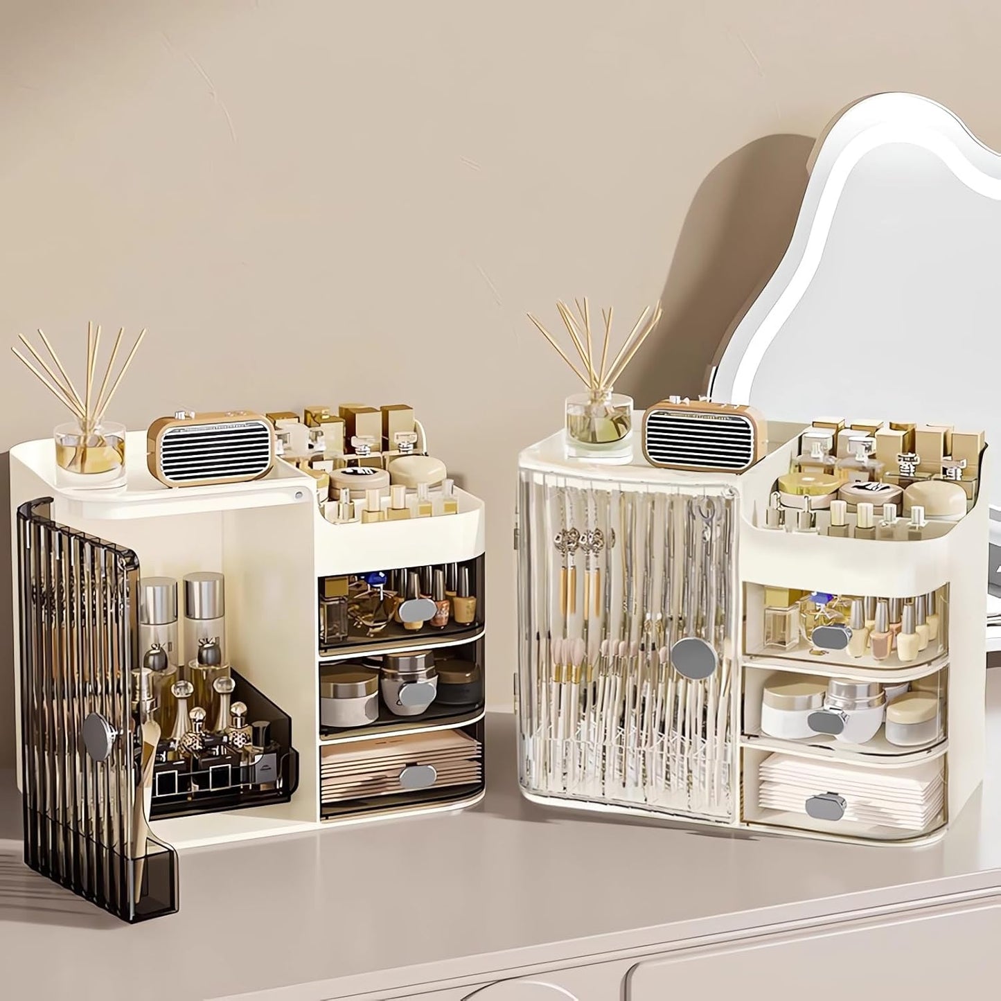 Makeup Organizer Countertop - Cosmetic Display Case, Table Cosmetics Drawer | Large Capacity Cosmetics Storage Box, Makeup Brushes Holder With Mirror for Lipsticks, Hair Clips