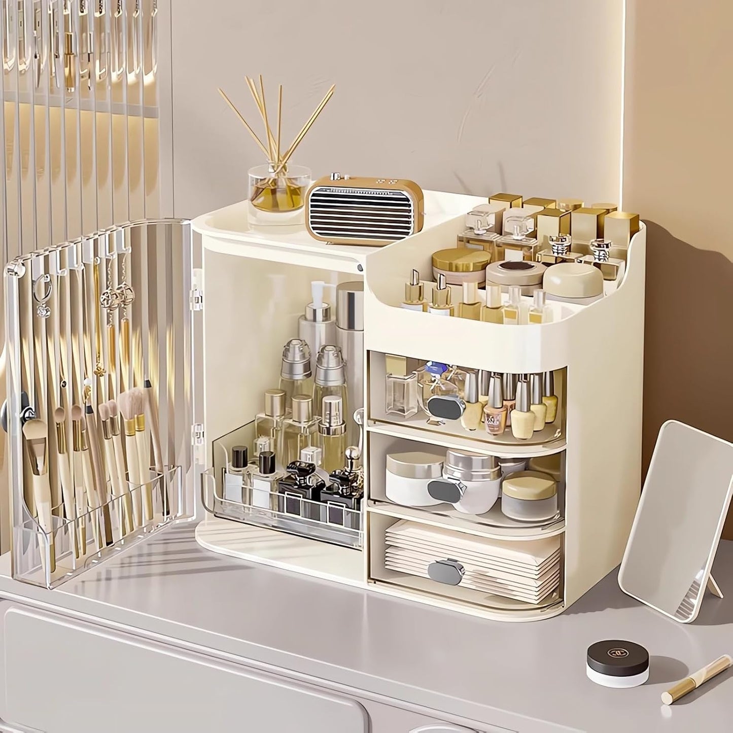 Makeup Organizer Countertop - Cosmetic Display Case, Table Cosmetics Drawer | Large Capacity Cosmetics Storage Box, Makeup Brushes Holder With Mirror for Lipsticks, Hair Clips