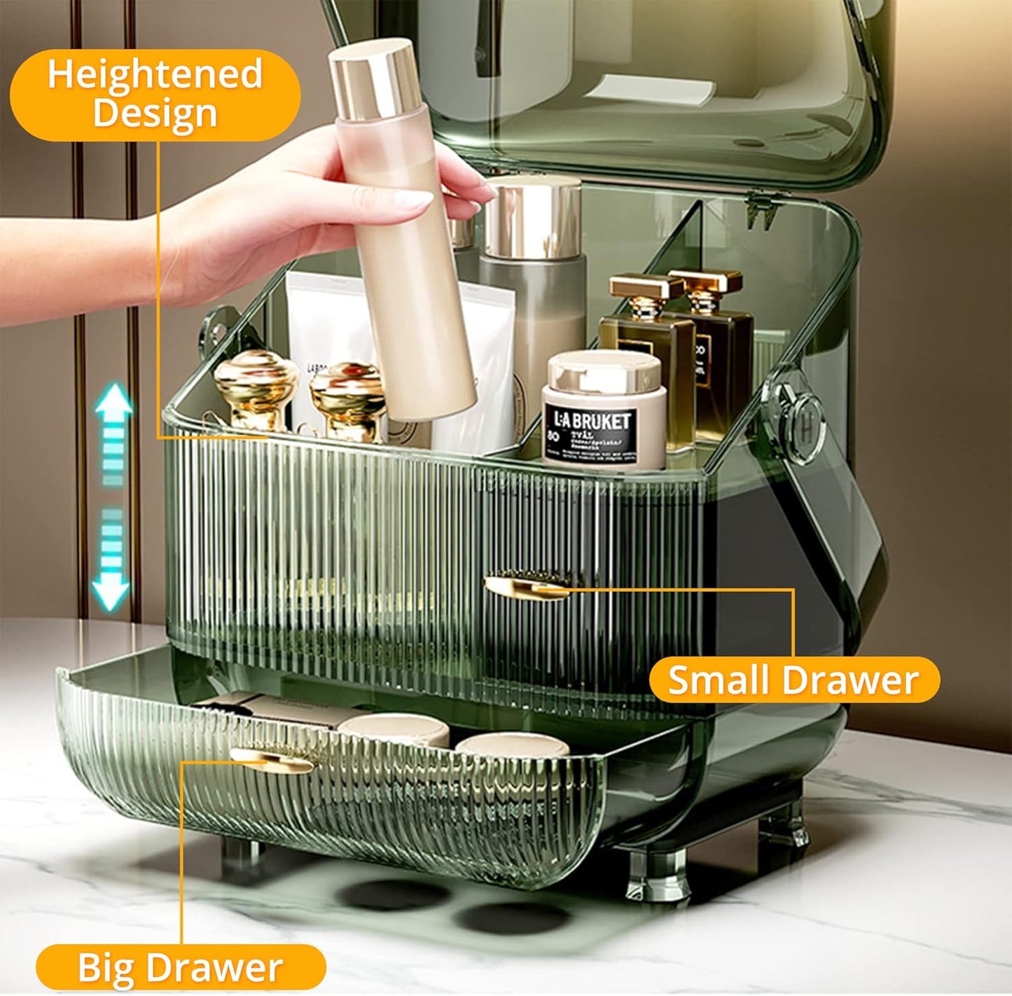 Makeup Organizer for Vanity, 3-layer Cosmetic Storage Box with Golden Drawer Handle, Egg Shape (Oval)
