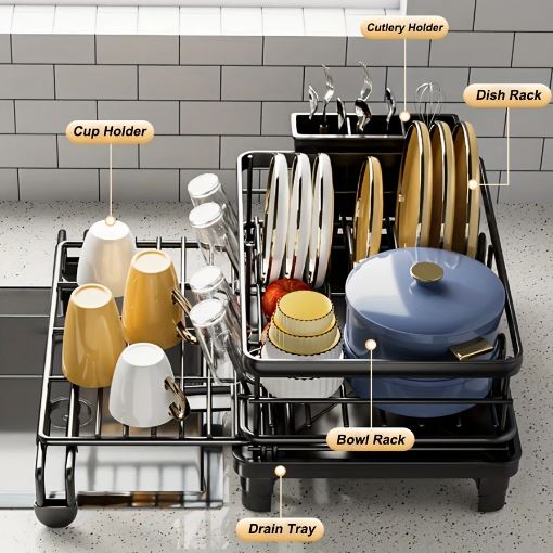 1pc Extendable Black Metal Dish Drying Rack with Utensil Holder, Large Capacity, Kitchen Counter Drainer for Plates, Bowls, Cups & Utensils