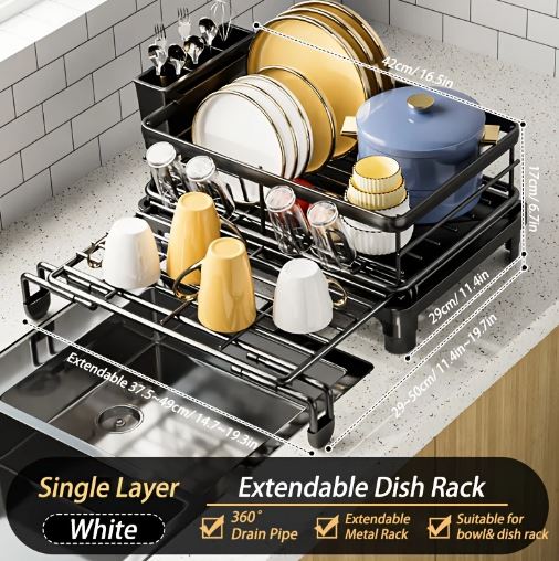 1pc Extendable Black Metal Dish Drying Rack with Utensil Holder, Large Capacity, Kitchen Counter Drainer for Plates, Bowls, Cups & Utensils