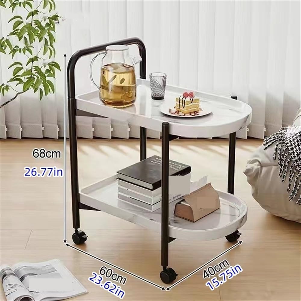 Movable 2-Tier Coffee Table with Wheels, Small Nordic Style Trolley for Living Room, Bedroom (White)