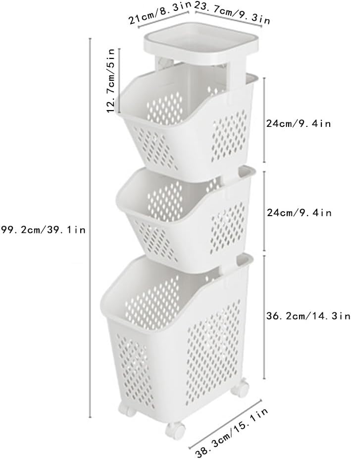 3 Tier Plastic Laundry Hamper with Wheels, Removable Storage Basket, Multipurpose Large Laundry Basket