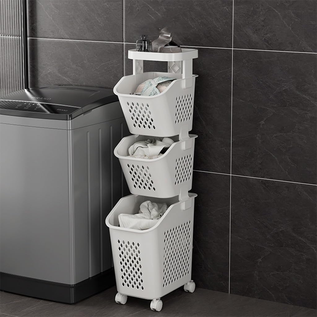 3 Tier Plastic Laundry Hamper with Wheels, Removable Storage Basket, Multipurpose Large Laundry Basket
