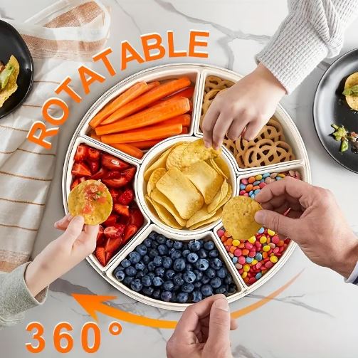 Rotating Snack Organizer Tray with Lid and Handle, Large Multi-Compartment Plastic Food Platter, Portable Snack Tray