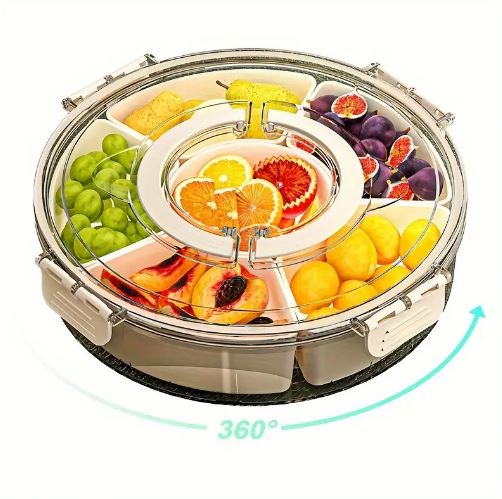 Rotating Snack Organizer Tray with Lid and Handle, Large Multi-Compartment Plastic Food Platter, Portable Snack Tray
