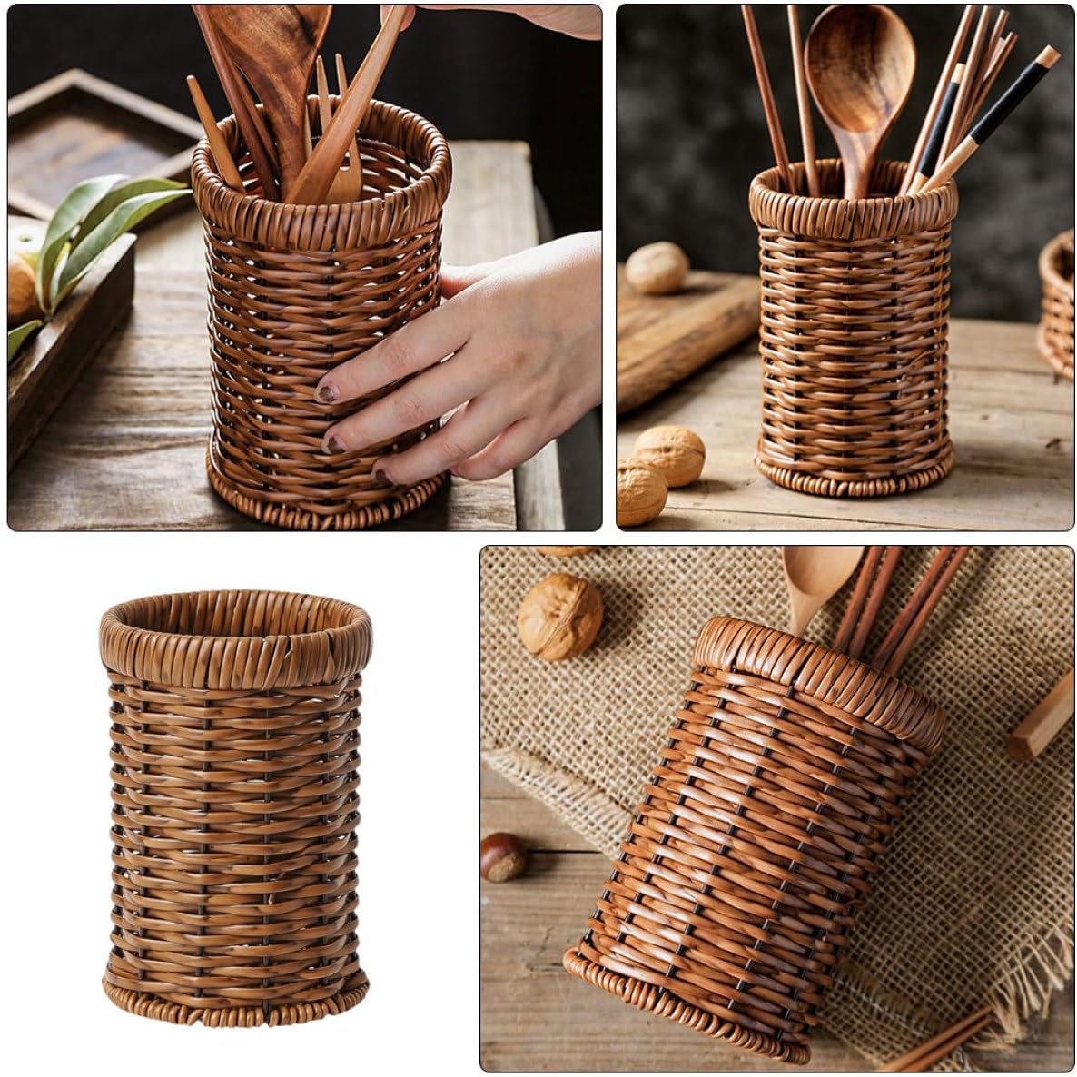 1Pc Rattan Woven Tableware Creative Stationery, Kitchen Accessories Holder