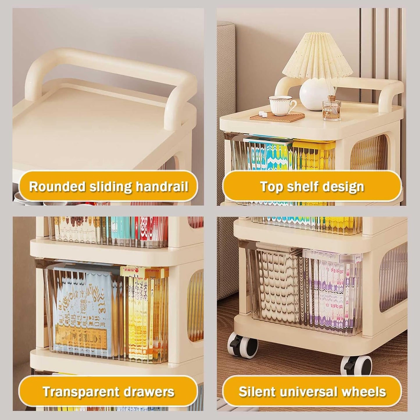 Rolling Storage Cart - Versatile Bedside Table with Wheels Rolling Cart Organizer