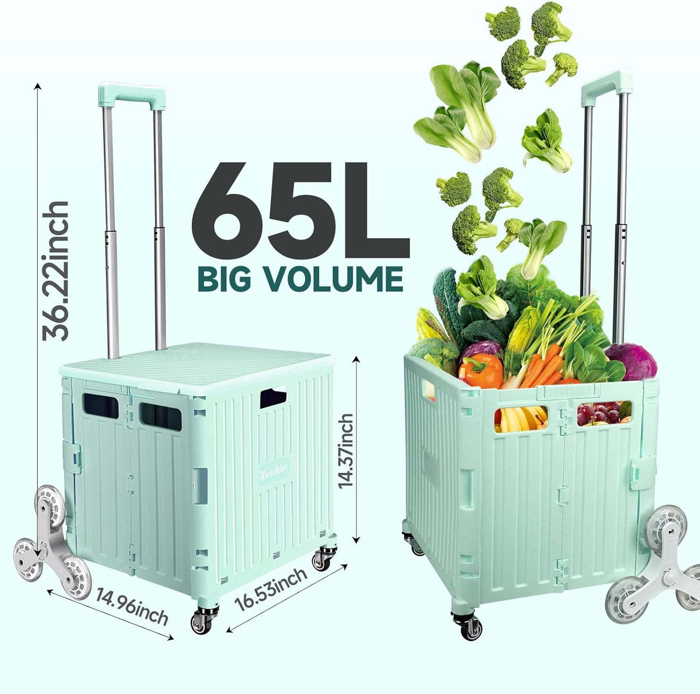 Folding Rolling Crate with Wheels, Heavy Duty Storage Cart, Foldable Portable Shopping Carts for Outdoors