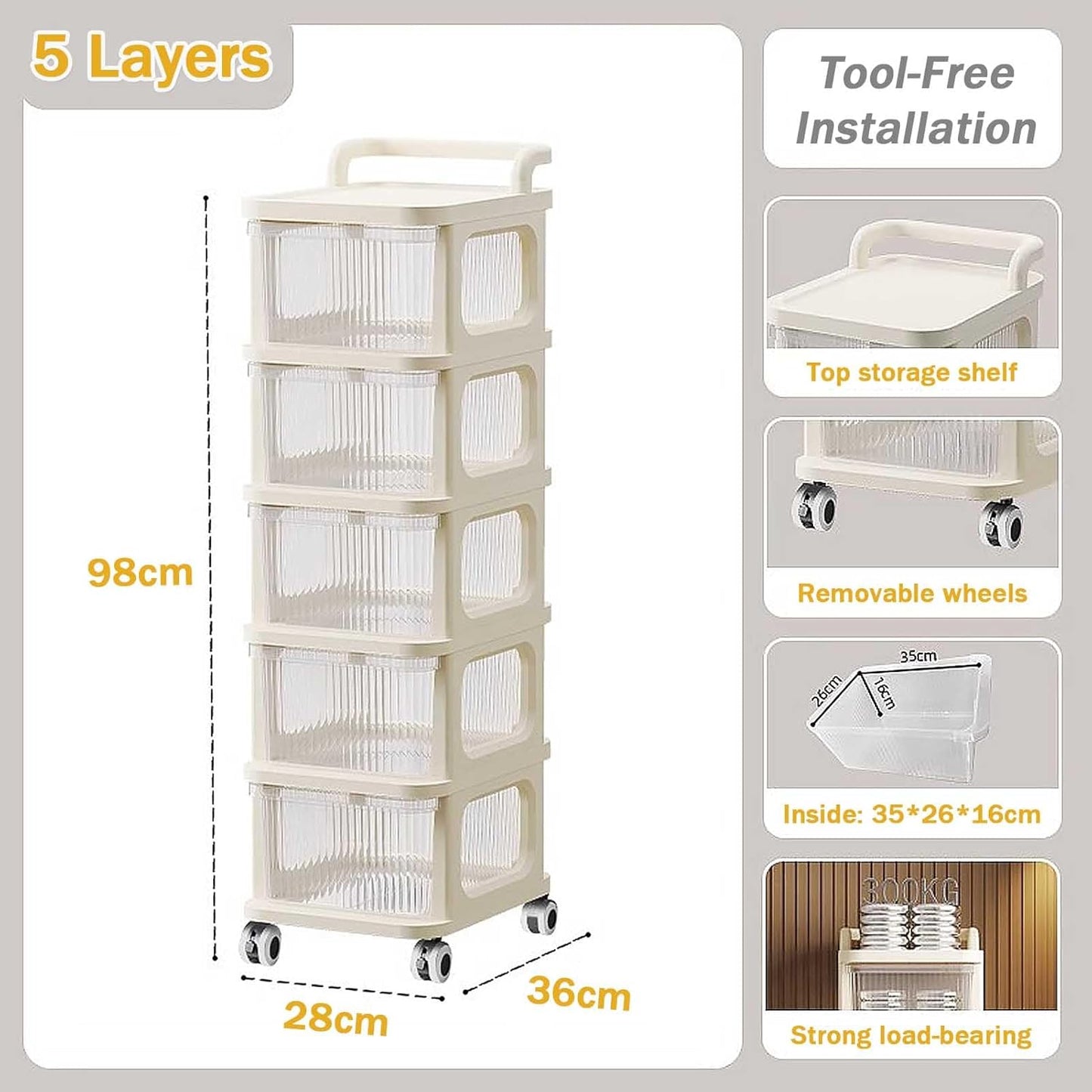 Rolling Storage Cart - Versatile Bedside Table with Wheels Rolling Cart Organizer