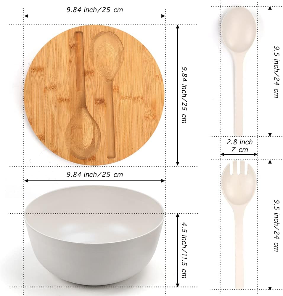 Bamboo Fiber Large Salad Bowl Set with Cutlery and Sealing Lid, Salad Serving Bowl with Utensils