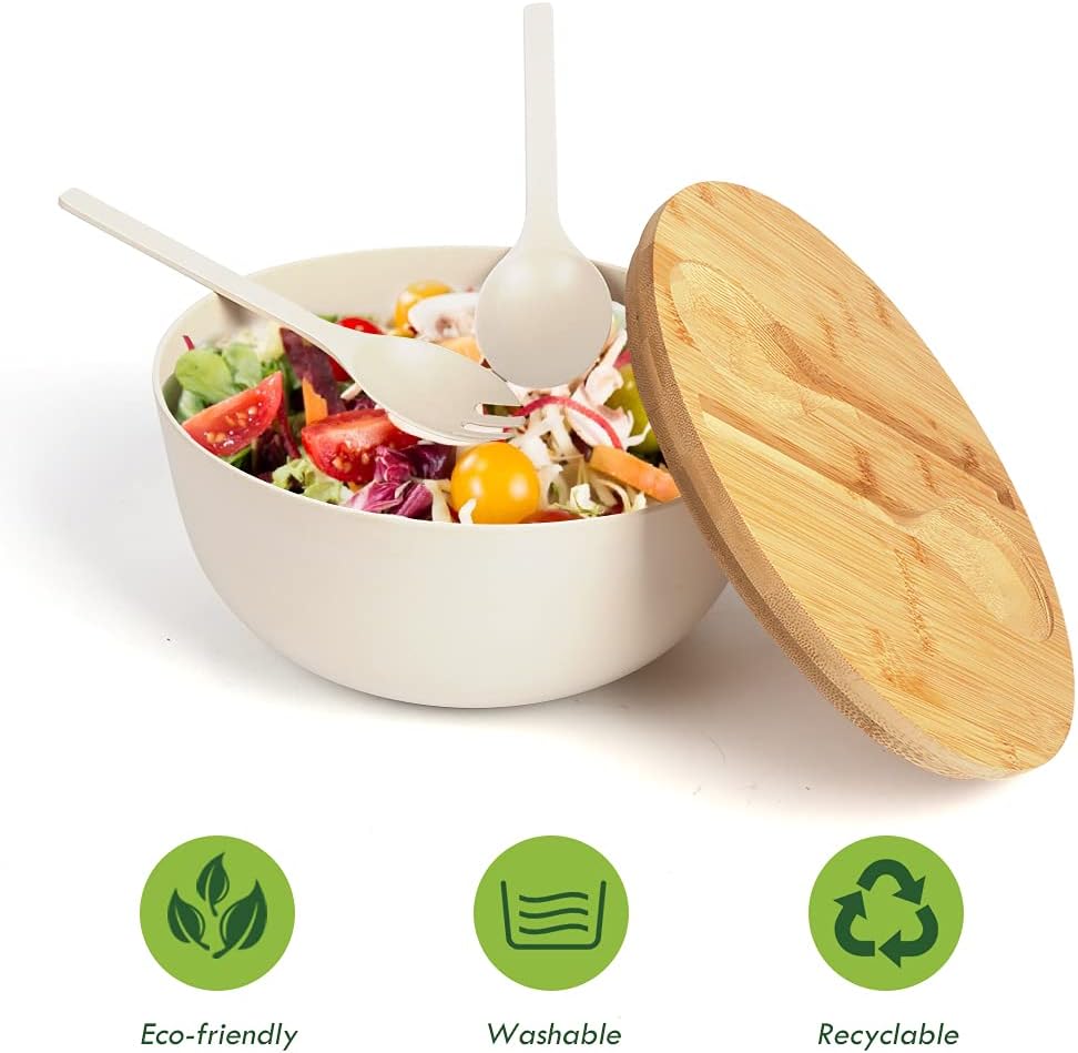 Bamboo Fiber Large Salad Bowl Set with Cutlery and Sealing Lid, Salad Serving Bowl with Utensils