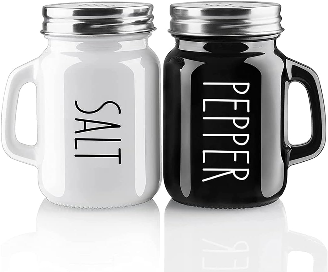 Salt and Pepper Shaker Set, Glass Black and White Shaker Set with Stainless Steel Lid (Black / White)