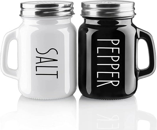 Salt and Pepper Shaker Set, Glass Black and White Shaker Set with Stainless Steel Lid (Black / White)