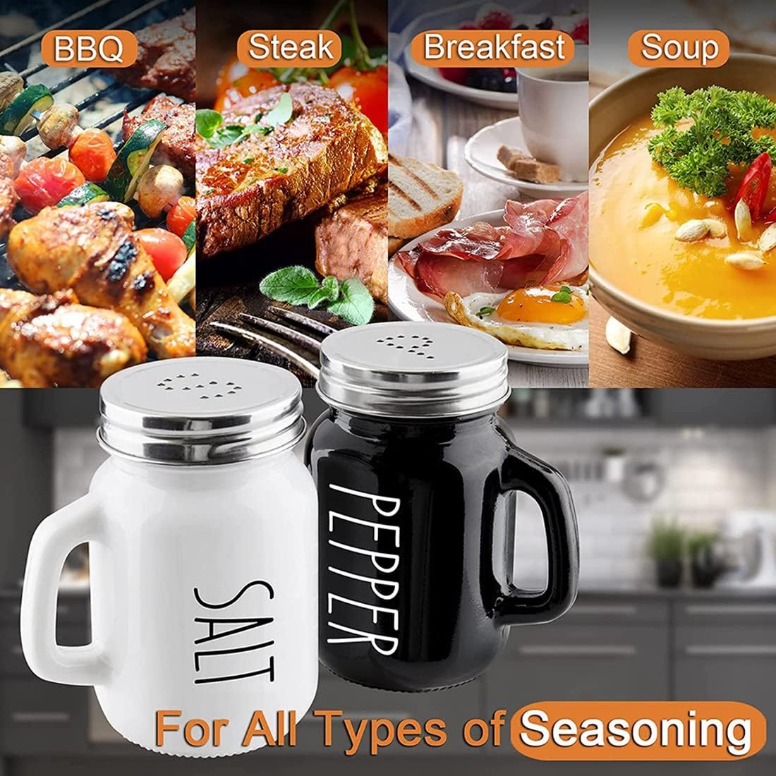 Salt and Pepper Shaker Set, Glass Black and White Shaker Set with Stainless Steel Lid (Black / White)
