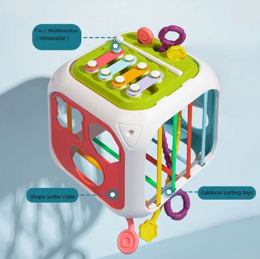 7 in 1 Multifunction Baby Activity Cube, Montessori Sensory Shape Sorter Educational Toys for Kids 1, 2, 3 Years