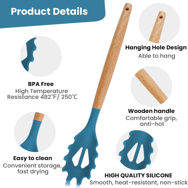 Silicone Noodle And Pasta Spoon With Wooden Handle