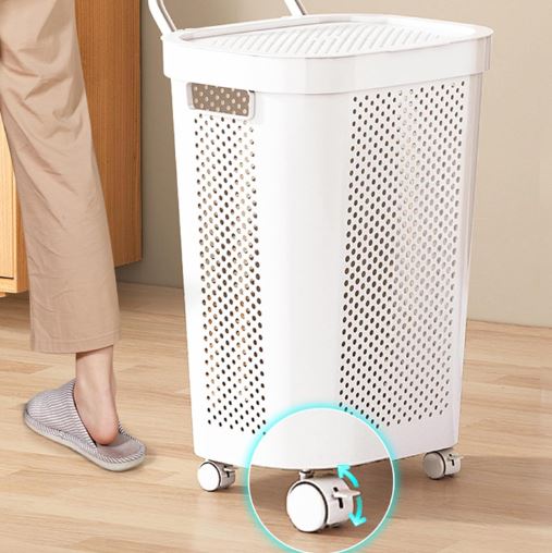 White & Grey Slim Laundry Hamper 60L Capacity Clothes Basket with Lid for Wardrobe Storage